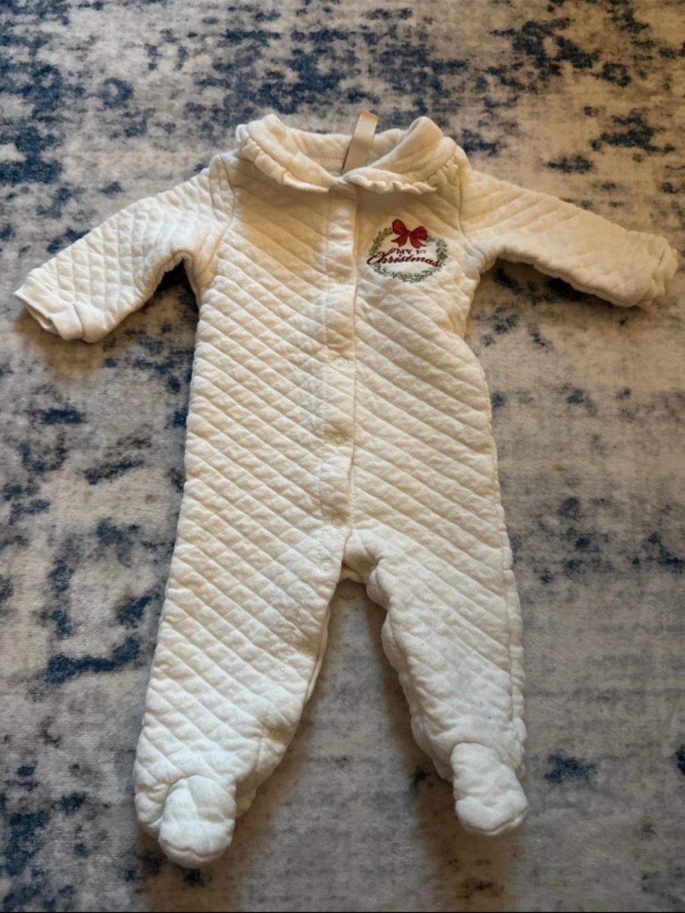 Cream Quilted Baby Footed One-Piece with Holiday Embroidery
